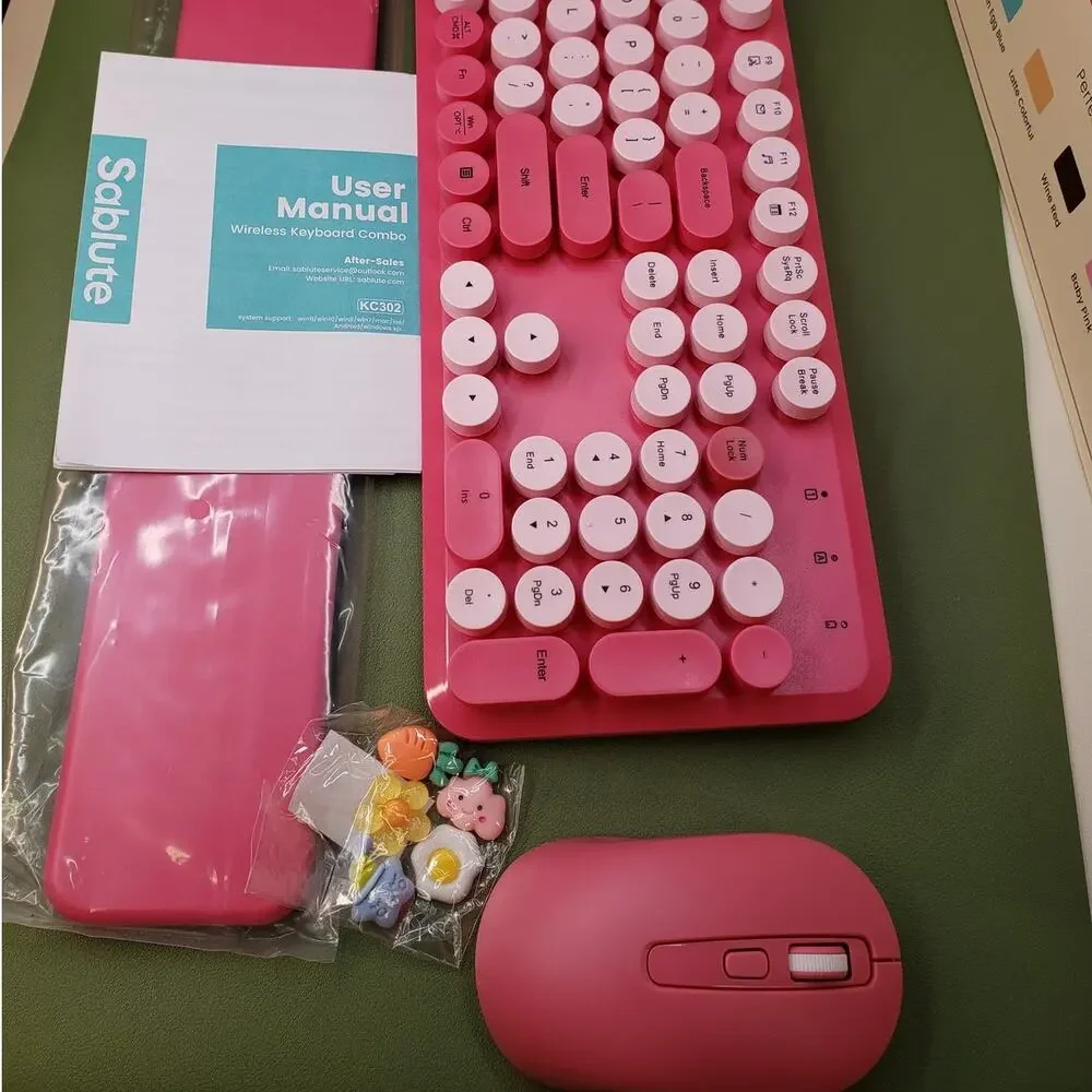 Sablute Pink Wireless Keyboard and Mouse Combo. Round Keys. USB Dongle. KC302